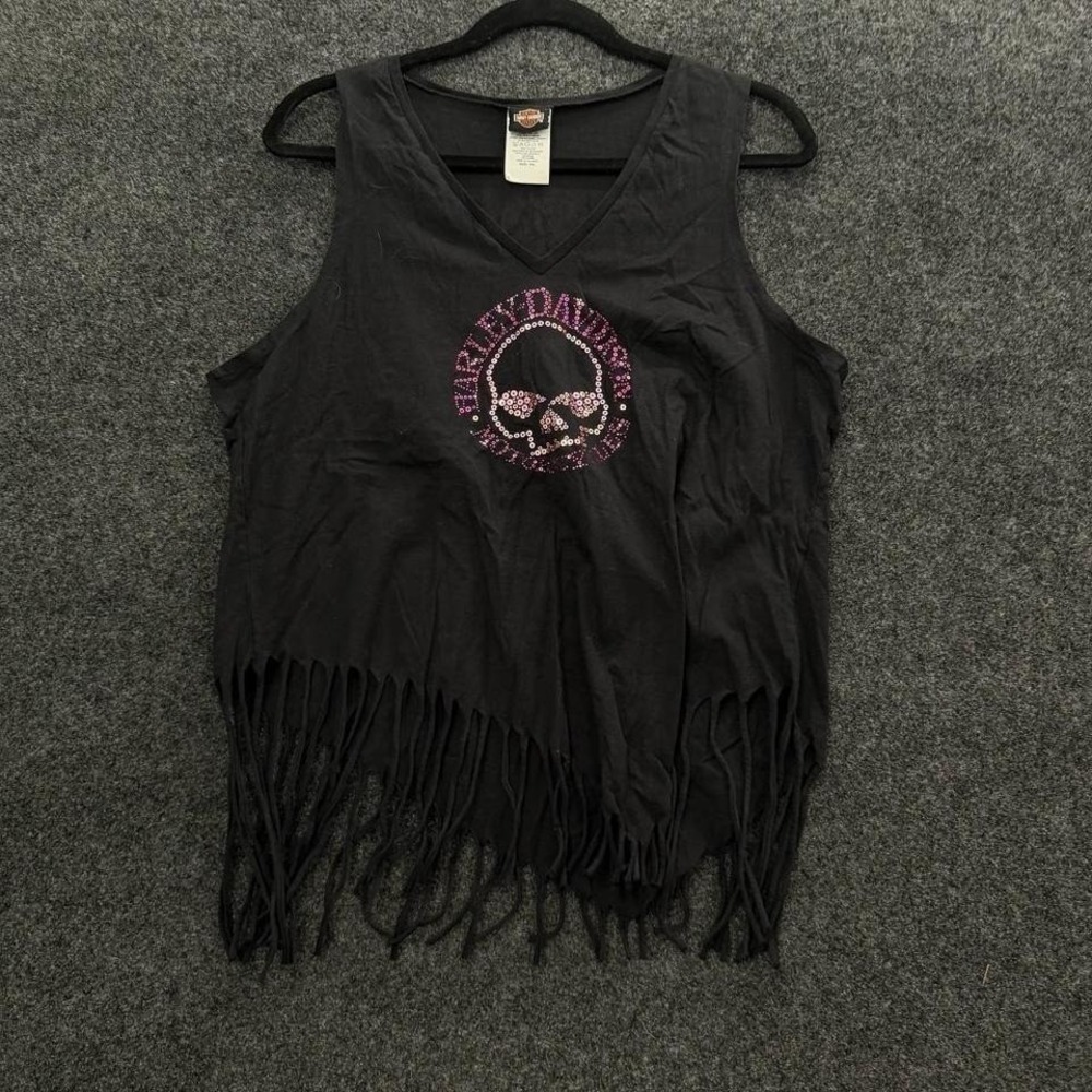 Womens XXL Harley Davidson Fringe Tank Black Pink Skull Wisconsin Biker Top